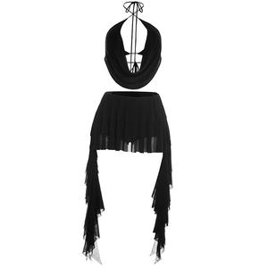 Viviblook D26ST055 Ensemble d'été pour femme, débardeur en maille à col licou et laçage, short-jupe à volants, ensemble deux pièces - Product Image 6