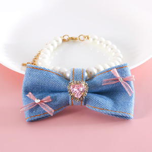Collier en jean pour animaux de compagnie - Style Princesse avec Cœur en Pierre Précieuse et Nœud Diamanté pour Anniversaire - Collier pour Chien <span class=keywords><strong>Allemand</strong></span>, <span class=keywords><strong>Pomeranian</strong></span> - Product Image 2