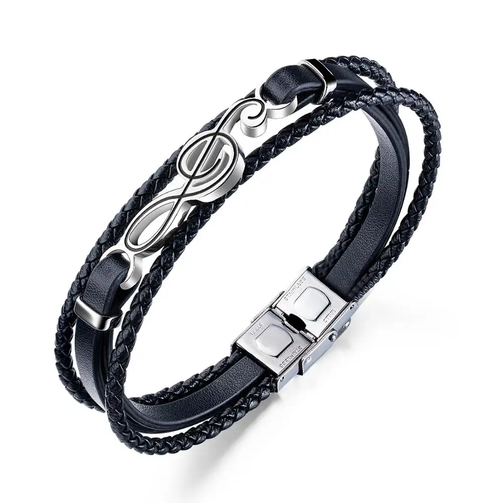 Titanium Steel Musical Note Men Multilayer Braided Leather Jewelry Bangle Punk Simple Leather Bracelet For Boy Friend's Gift