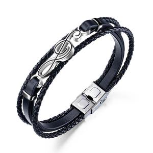 <span class=keywords><strong>Bracciale</strong></span> in pelle intrecciata multistrato da uomo con nota musicale in acciaio al titanio <span class=keywords><strong>bracciale</strong></span> in pelle semplice Punk <span class=keywords><strong>per</strong></span> regalo di un amico del ragazzo - Product Image 1
