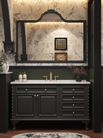 Ensemble de meubles de salle de bain en bois de caoutchouc et céramique de style vintage américain, sur pied, avec lavabo en dalle de roche intégré sans joint, intelligent