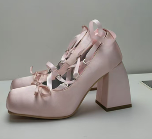 Women's Crisscross Strappy Block High Heels Shoes Quality Top Grade Satin Materials Ballet High Heel <b>Sandals</b> - Product Image 2