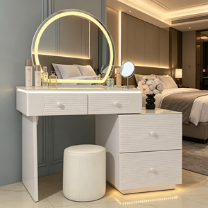 Nouvelle Arrivée : Ensemble Coiffeuse à Tiroirs Texturé Ondulé avec Miroir LED Rond, Meuble Latéral Détachable et Tabouret Cylindrique – Table de Maquillage pour Chambre - Product Image 5
