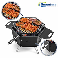 Barbecue portable hexagonal au charbon de bois noir mat avec trépied, grille en fil métallique et poignées latérales pour feu de camp