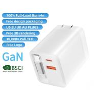Cargador de Pared Rápido GaN con Enchufe USB C Retráctil, Puerto USB A Dual, Certificado BSCI, Enchufe para EE. UU., UE, Reino Unido y Australia, Logotipo OEM Gratuito para Dispositivos Móviles