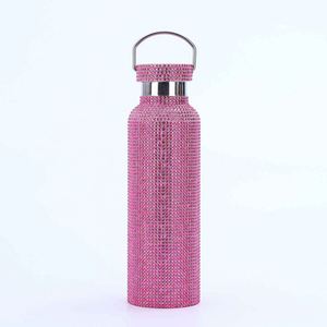 Botella de agua de acero inoxidable Glam con asa y diseño brillante para viaje en colores rosa, dorado y plateado - Product Image 4