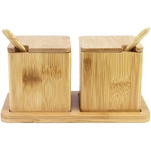 bamboo double dipper two salt boxes with spoons and tray, bamboo
