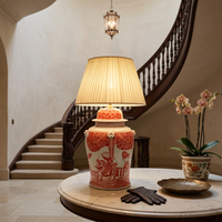 Lampe de table style Hampton, chinoiserie rouge et blanche, pot à gingembre avec scène peinte à la main, pour chambre de ferme ou table de chevet