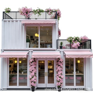 Café-restaurant moderne en conteneur avec fleurs roses et auvent, espace repas extérieur, design rectangulaire. - Product Image 4
