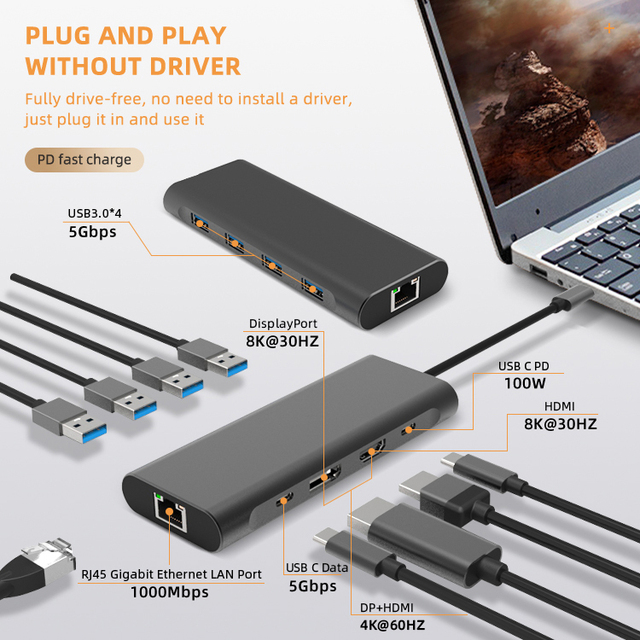 New 9 in 1 Laptop Docking Station Type C to 4 USB 3.0 HDMI DP PD RJ45 USB-C Adapter 9 Port USB-C Hub for PD Laptop
