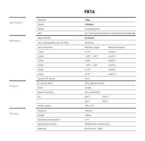 แขนหุ่นยนต์ร่วมปฏิบัติงานคุณภาพสูง FR 16 รับน้ำหนักได้ 16 กก. สำหรับการจัดเรียงพาเลทและงานพ่นสีด้วยระบบ CNC อัตโนมัติ - Product Image 2