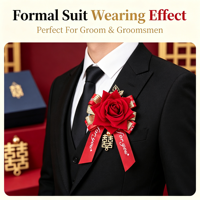 Boutonnière rouge en or rose avec ruban et feuille, motif double bonheur chinois, nouée à la main, pour marié, mariée, mariage, banquet, décoration de revers de costume