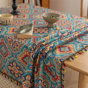 Mantel Tejido con Patrón Geométrico Verde Bohemio, Borlas Coloridas, Impermeable, Lavable, Duradero, para Catering Diario, Fiestas - Product Image 5