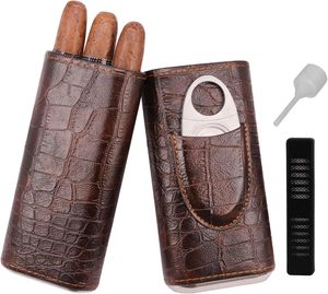 3-Finger <strong>Classy</strong> Black Brown Crocodile Pattern Leather Cigar Case With Small Humidifier and <strong>Cutter</strong> - Product Image 1