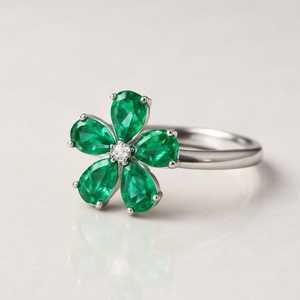 แหวนดอกไม้ประดับเพชรธรรมชาติและพลอยธรรมชาติทองคำขาว 14KT - Product Image 3