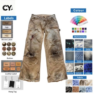 Fabricant en gros OEM ODM <span class=keywords><strong>Pantalon</strong></span> de travail pour homme à double genouillère en toile vintage effet boue, déchiré et vieilli, coupe large style ouvrier - Product Image 1