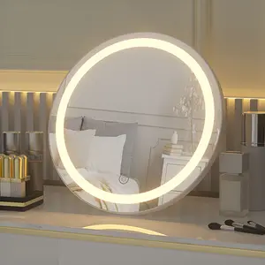 แขวนติดผนังตกแต่งกระจกกลมที่ทันสมัยหรูหราสมาร์ท LED สวิทช์สัมผัสควบคุมโรงแรมแต่งหน้าดวงจันทร์โต๊ะเครื่องแป้งที่มีแสง