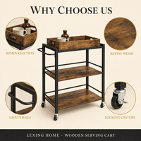 Carrito de Cocina Industrial Rústico de Madera con 3 Niveles, Carro de Servicio Rodante con Bandeja Superior Extraíble, Estación de Café y Almacenamiento