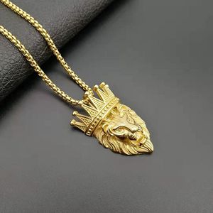 <b>Crown</b> Lion Head Pendant Necklace Stainless Steel Gold Plated Hip Hop Jewelry Gift for Men - Product Image 3