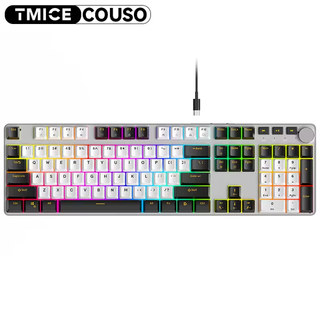 107 Keys Aluminum Mechanical Keyboard with Knob Rainbow Backlit Anti-Ghosting PC Computer Wired Red Switch Gaming Keyboard
