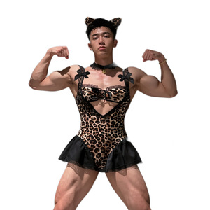 Leopard print men's sexy bodysuit, muscular male anchor flirting pajamas, abstinence-themed role-playing lingerie - Product Image 4