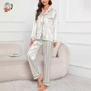 Manufacturer Custom Woman Luxury Silk Satin Long Sleeve 2 Piece Pajamas Pj Sleepwear Pjs Sets Pyjamas For Women