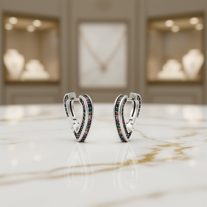 Orecchini a Cerchio E4525 con Cuore, in Oro Bianco Anticato, con Cristalli e Strass, Stile Vintage per Uso Quotidiano Femminile - Product Image 2