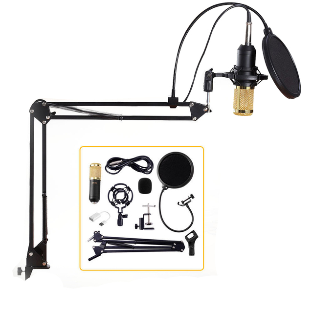 Professional Condenser Audio 3.5mm Wired BM800 Studio Microphone Vocal Recording KTV Karaoke Microphone Mic W/Stand for Computer