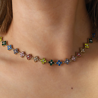 Ensemble collier et bracelet tennis trèfle à quatre feuilles multicolore en cristal, style luxe léger, pour femme