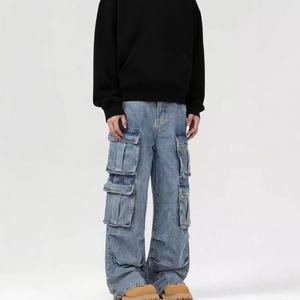 กางเกงยีนส์คาร์โก้ทรงขาบาน สไตล์ฮิปฮอป สีฟ้าอ่อน สำหรับผู้ชาย ผ้าเดนิม ระบายอากาศได้ดี ซักได้ สั่งผลิตได้จำนวนน้อย - Product Image 2