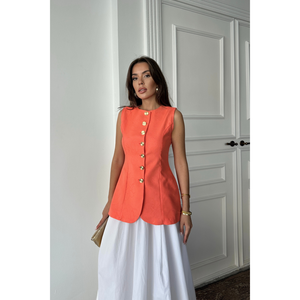 Chaleco de Lino Jacquard en Naranja con Botones Dorados, Cintura Ajustada y Decoración con Logotipo Vintage, Estilo Traje con Exterior de Algodón Tejido - Product Image 2