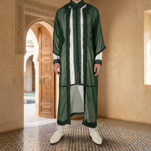 Djellaba Marroquí Verde, Túnica Holgada de Manga Larga de Seda para Hombre, Túnica de Oración para el Eid, Antiarrugas, Bordada, Prenda Tradicional Musulmana - Product Image 3