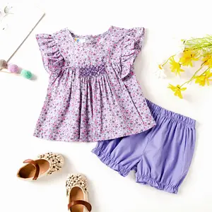 Low Price Wholesale Toddler Clothing Hand Smocked Infant Girls Floral Clothing Sets Kid Clothes Set