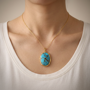 Collar con colgante ovalado de turquesa y cobre Mohave, muy vendido, con bisel de piedras CZ, chapado en oro de 18k, estilo bohemio. - Product Image 2