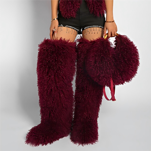 Ensemble chaussures et sac SHIKOL, bottes en fourrure moelleuse à hauteur de cuisse, bottes sexy pour filles rebelles, bottes en fausse fourrure, sacs à main, sacs à bandoulière, fourrure pelucheuse, hiver - Product Image 6