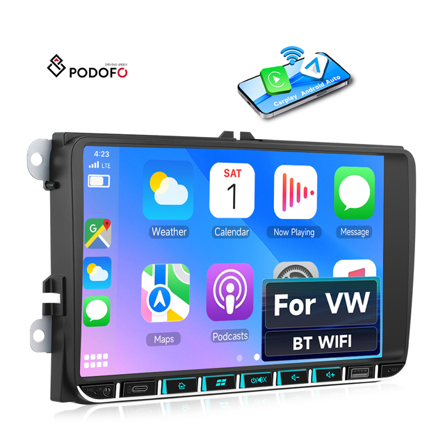 Podofo 2Din 9" MP5 Player for Volkswagen Autoradio Car Radio Wireless Carplay & Android Auto BT Steering Wheel Control