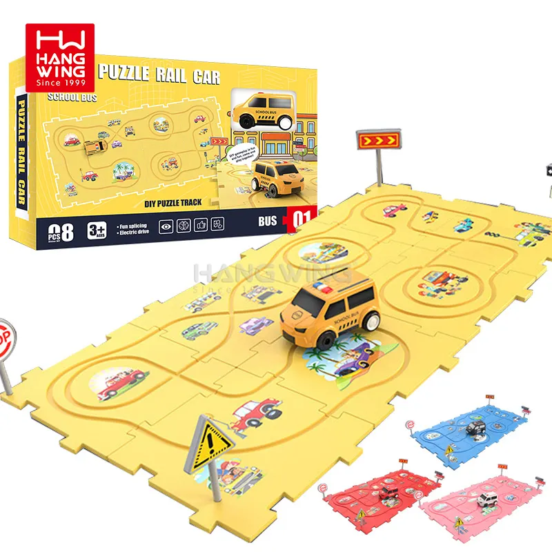 HW Electric DIY Assembly Puzzle Mats Track School Bus / Police Car / Fire Truck / Ambulance B/O Railway Game Set Toys for Kids