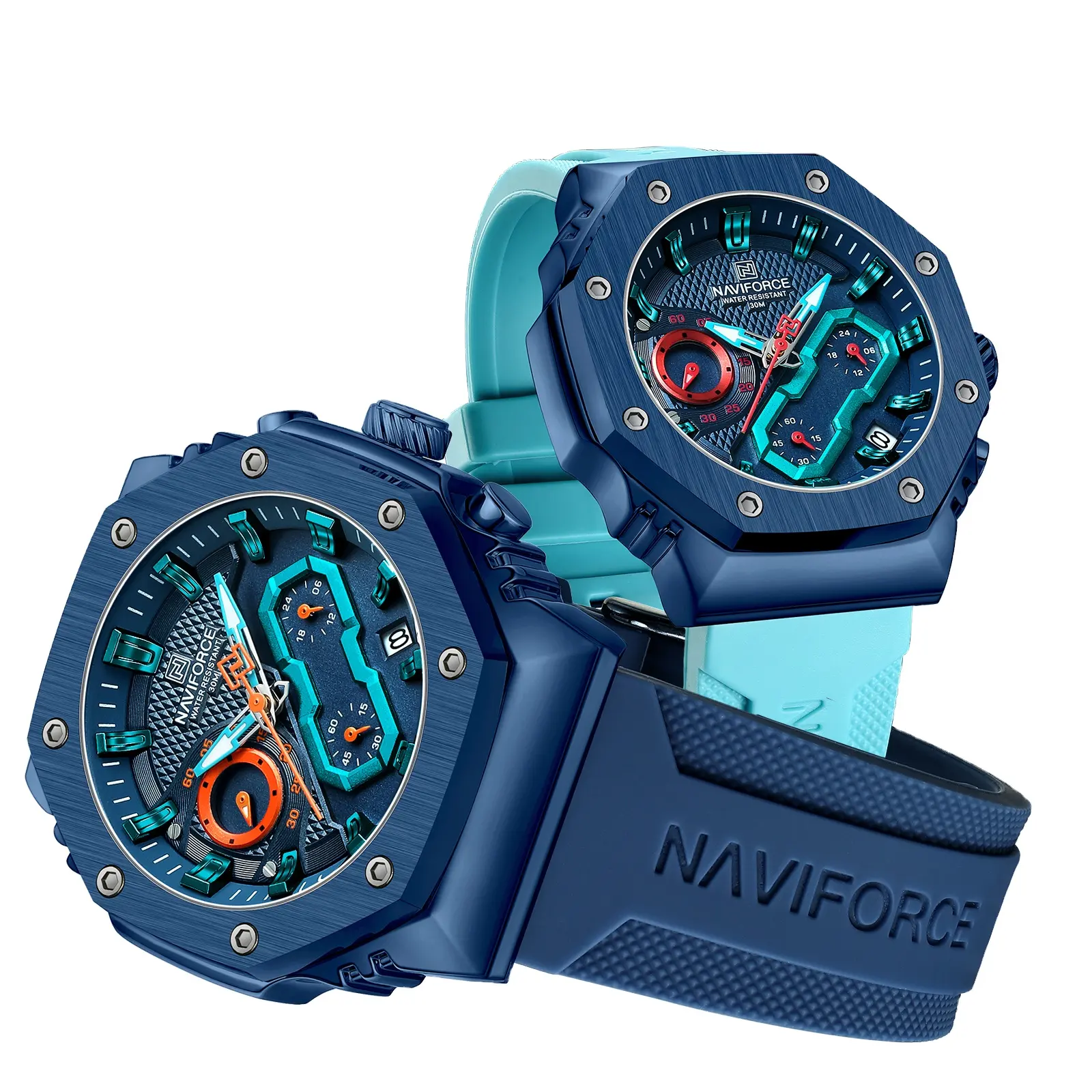 Sıcak satış NAVIFORCE izle 8035 moda erkek saati yüksek kaliteli silikon bant kuvars hareketi tarihi su geçirmez çift saatleri