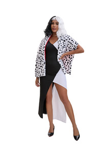 Costume de Voleuse Noir et Blanc pour <span class=keywords><strong>Femme</strong></span> avec Cape en Fausse Fourrure Tachetée et Gants Rouges – Tenue de Spectacle Scénique en Gros - Product Image 3