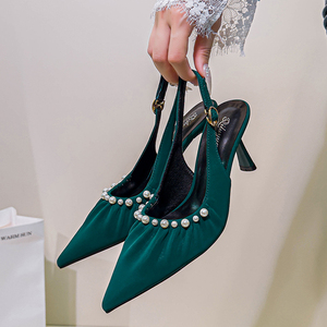 Sandalias de tacón alto con punta y talón fino para mujer Baotou, novedad de verano 2026, con adornos de perlas, punta abierta y talón descubierto - Product Image 5