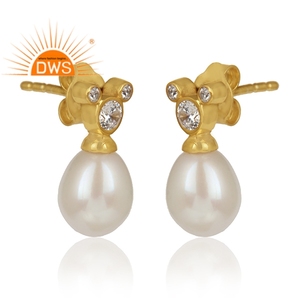 Fresh Water Pearl CZ Stud Earrings Indian Gemstone Jewelry Wholesale 14k gold plated 925 Silver Earrings - Product Image 2