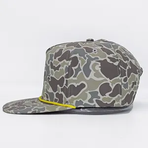 Custom 5 Panel Waterproof Camo Rope Hat Polyester Vintage Digital Printing Camo Pattern Hunting Flat Bill Snapback Men Hat