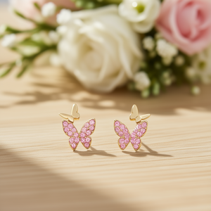 Pendientes de mariposa chapados en oro con incrustaciones de diamantes de imitación rosas para mujer, uso diario, joyería de aleación de zinc - Product Image 2
