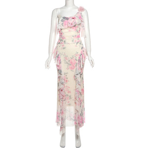 Elegante Abito Lungo Monospalla con Motivi Floreali, Delicati Volant e Stampa Romantica, Vestito da Donna a Vita Alta - Product Image 6