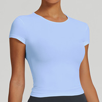 T-shirt de yoga à col rond pour femmes, manches courtes, coupe ajustée, haut de sport respirant, séchage rapide, haute élasticité, vêtements de sport actifs