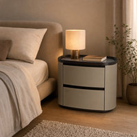 Table de chevet beige en cuir pleine fleur, 2 tiroirs, fermeture douce, sans poignée, plateau en pierre frittée, pour chambre à coucher