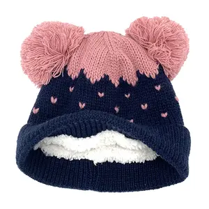Bé Beanie cho cô gái chàng trai Jacquard đan Mũ mùa đông ấm cúng lót sọ cap đôi Pom Pom Mũ toques unisex bán buôn