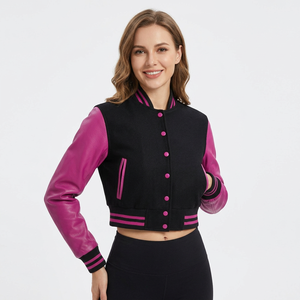 Chaqueta Varsity para Mujer, Negra, Cuerpo de Punto, Mangas de Cuero PU Rosa, Cierre de Botones, Cuello Camisero, Corta, para Otoño - Product Image 1