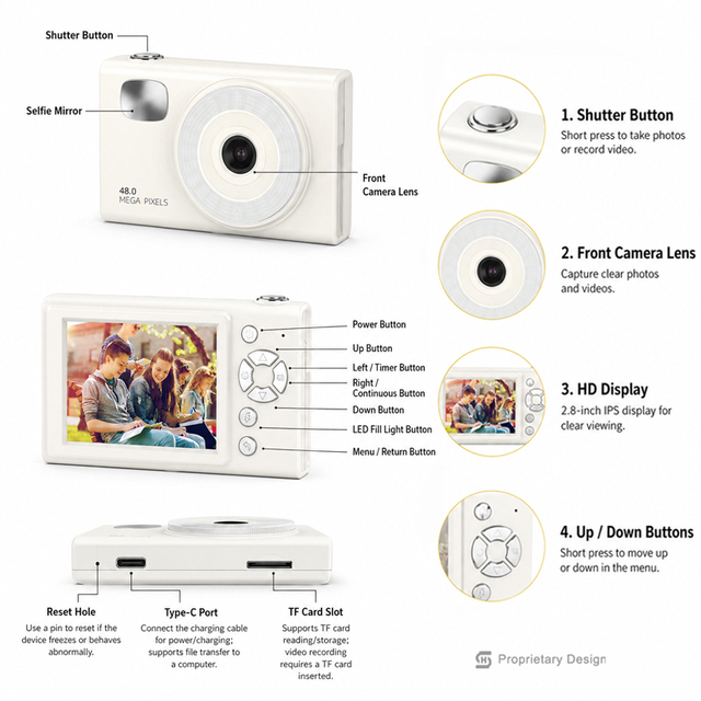 New 2.8 Inch Screen Digital Camera 48MP Autofocus 16X Zoom MP3 Music Player Built-in Games Recorder for Students Hobbyists