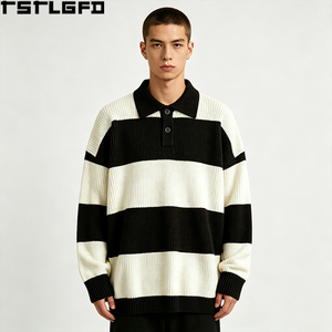 Pull Polo Rayé Tricoté Coupe Ample Style Rugby Lourd Rétro Streetwear Vente en Gros - Product Image 1